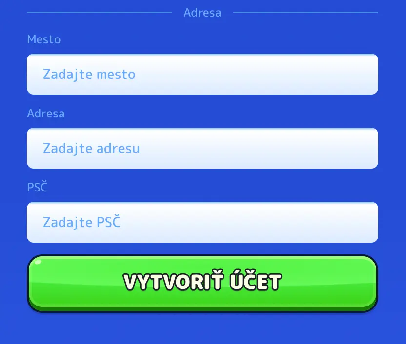 Pistolo Casino – zadanie adresy pre vytvorenie účtu. Formulár na zadanie adresy v Pistolo Casino – políčka pre mesto, adresu a PSČ so zeleným tlačidlom „VYTVORIŤ ÚČET“.
